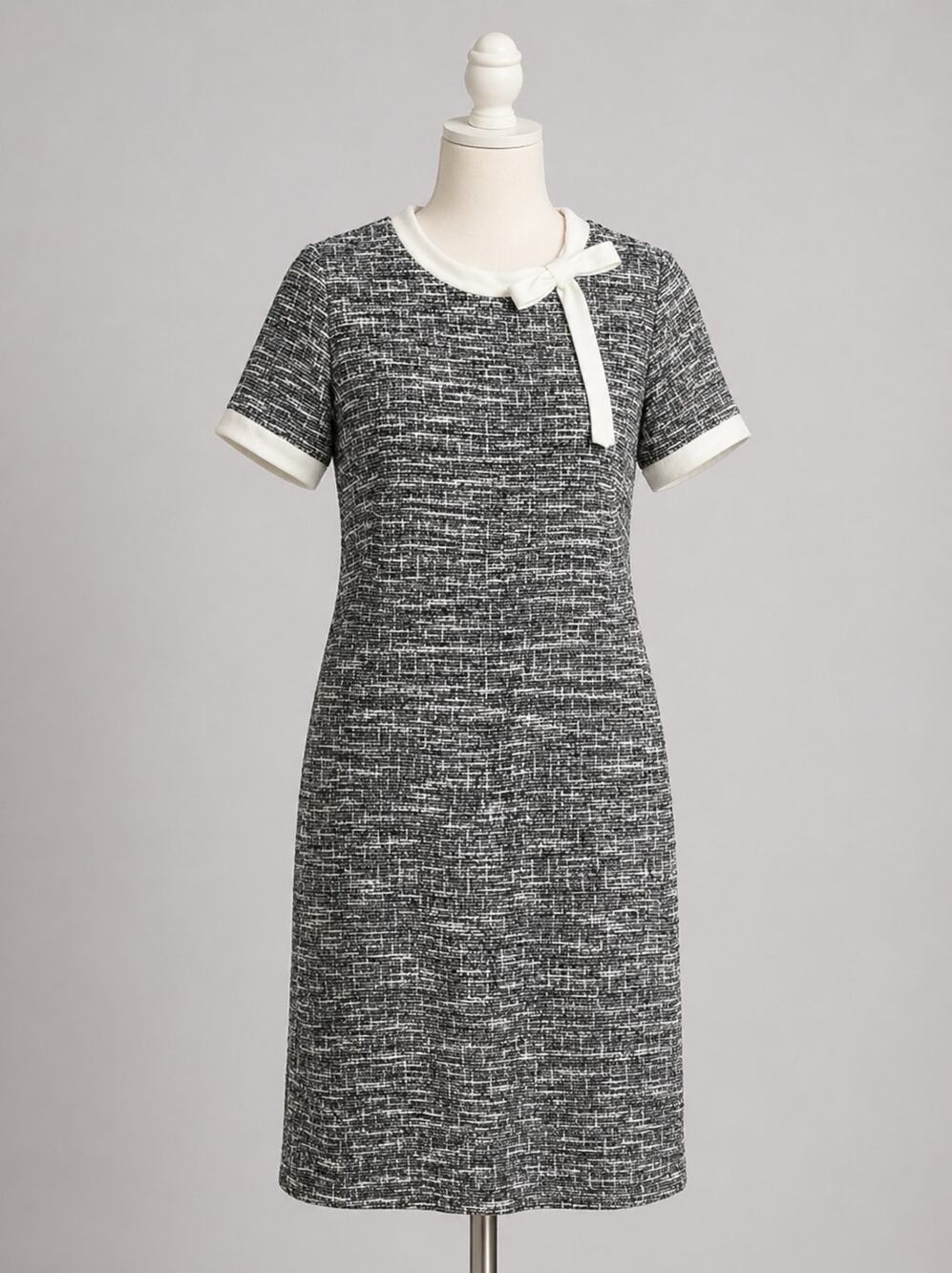 Shelby & Palmer | Tweed Black & White Dress Collar Bow Short Sleeves